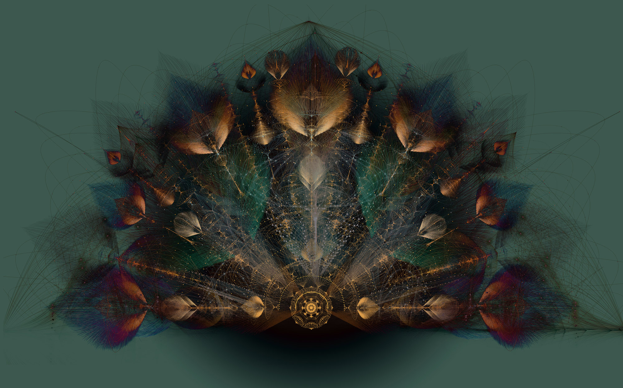 Abstract gold and teal filaments forming an intricate fan-shaped pattern